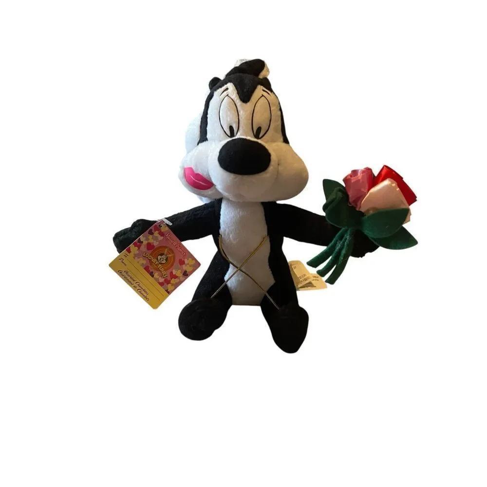 New Looney Toons Pepe Le Pew Rose Bouquet And Lipstick Kiss Stuffed Plush 10